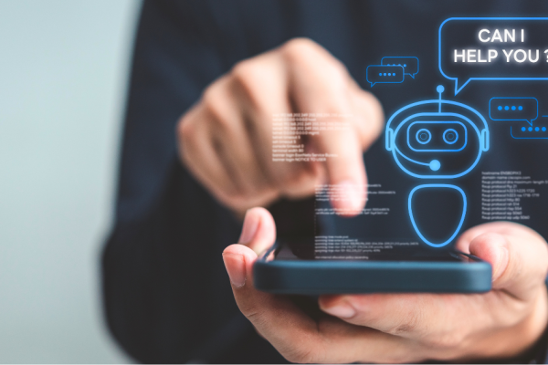 A man types in a question into an AI chatbot to try to solve his issue.