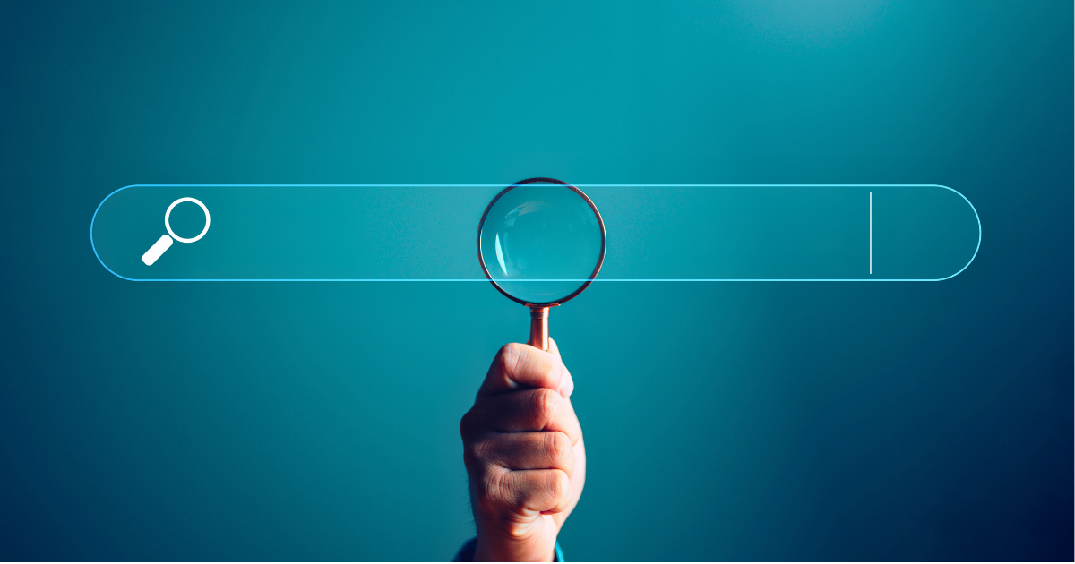 A hand holds a magnifying glass over a superimposed web search bar.
